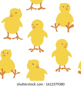 Cute small chickens seamless pattern. Repetitive yellow chicks on transparent background. EPS 10.