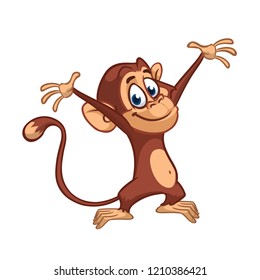 Cute small chimpanzee monkey rise hands. Cartoon illustration