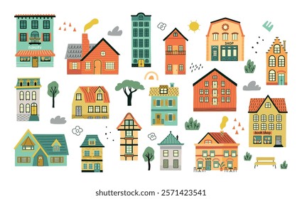 Cute small city houses. cartoon little buildings, trees and bench, pretty home facades, decorative elements, cottages and stores, vector set