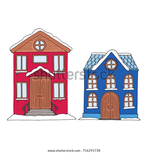 Cute Small Colorful Houses Snow Covered Stock Vector Royalty Free