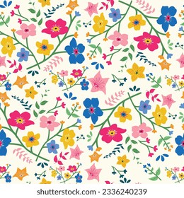 Cute, Small, Colorful Vector Floral Seamless Pattern, Vintage Flowers On White Background For Fabric, Wallpaper, Wrapper, Any Surface