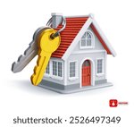 Cute small country house with red tile roof, grey walls and with a keys hanging on the chimney. Real estate concept. 3D realistic vector illustration, isolated on white background