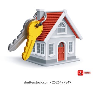 Cute small country house with red tile roof, grey walls and with a keys hanging on the chimney. Real estate concept. 3D realistic vector illustration, isolated on white background