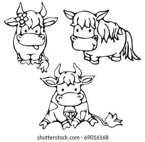 Cute small cows and horse