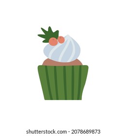 Cute small cupcake with red holly berries , the symbol of Christmas. Freehand isolated element. Vector flat hand drawn Illustration. Only 5 colors - Easy to recolor.