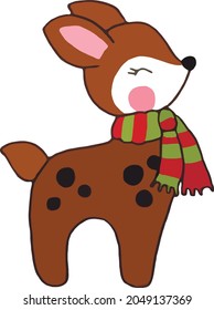 Cute small deer wearing in scarf.Christmas illustration. Float vector illustration.