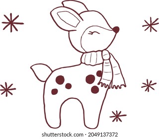 Cute small deer wearing in scarf.Christmas illustration. Float vector illustration.