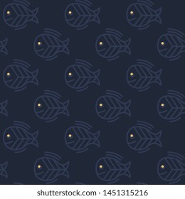 Cute small doodle fish pattern monotone blue seamless background cartoon style.