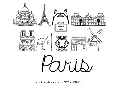 Cute small drawings of famous landmarks in the beautiful city of Paris, France. Hand drawn vector illustration. City name included.