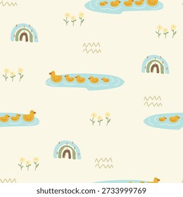 Süße kleine Enten im See, Blumen und Regenbogen, nahtloses Muster. Vektorgrafik mit handgezeichneten Tieren und Natur.