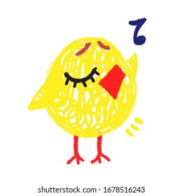 Cute small easter chick singing. Vector hand drawn character isolated on white. Happy Easter design element, sticker, symbol, logo, icon, print.