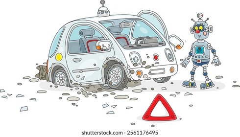 Cute small electric car driven by a funny robot hit in a giant pothole on a road, vector cartoon illustrations isolated on a white background