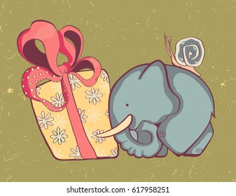 Cute small elephant with a snail on the back, carrying huge present box. 
Happy Birthday postcard. Vintage style