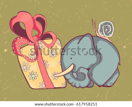 Cute small elephant with a snail on the back, carrying huge present box. 
Happy Birthday postcard. Vintage style