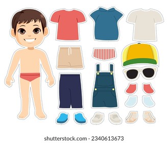 Cute small fashion model boy kid with fashionable clothes and accessories. Vector illustration of little male child with matching outfits game