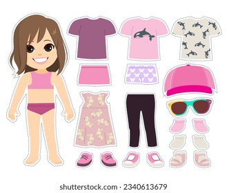 Cute small fashion model boy kid with fashionable clothes and accessories. Vector illustration of little female child with matching outfits game