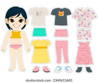 Cute small fashion model girl kid with fashionable clothes and accessories. Vector illustration of little male child with matching outfits game