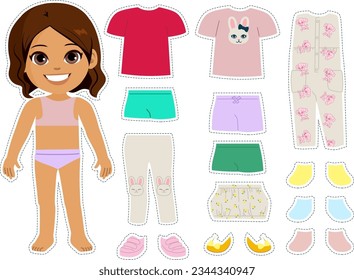 Cute small fashionable small model girl kid with various clothes and accessories. Vector illustration of little female child with matching outfits game