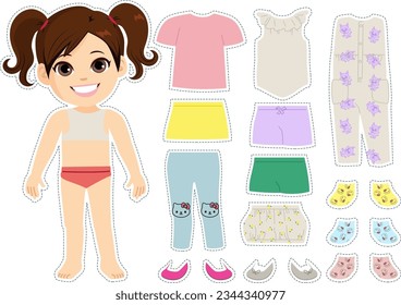 Cute small fashionable white girl kid with various clothes and accessories. Vector illustration of little female child with matching outfits doll game