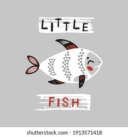 Cute Small Fish. Funny Fish for Tee Print Design for Kids. Vector Cartoon Baby Sea Animal. Scandinavian Card, Print or Poster Design