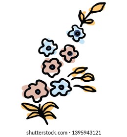 Cute small flower cartoon vector illustration motif set. Hand drawn isolated spring flower elements clipart for gardening blog, petal graphic, nature web buttons.