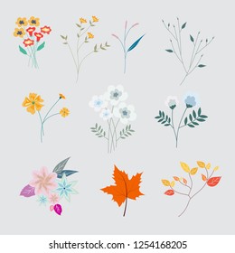 cute small flower and leaves set.