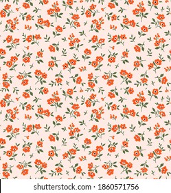 Cute small flowers floral pattern. Seamless vector pattern. Elegant template for fashion prints. Small orange flowers for print. Light pink background. Stock vector.