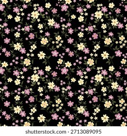Lindas flores Pequeñas y hojas sobre fondo negro patrón transparente para tela textil diseño de moda impresión regalo envoltura de papel Fondo de pantalla.
