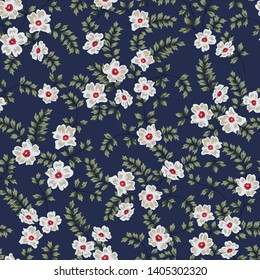 cute small flowers with leaves pattern on navy background