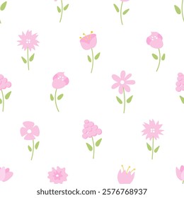 Cute small flowers and leaves. Simple vintage style of pink and green colors. Abstract seamless pattern with hand drawn vintage groovy flowers. Design y2k. Wallpaper with pink flowers. Springtime