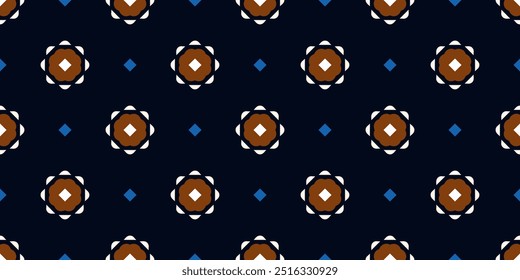 Cute small flowers pattern round shapes motif continuous background. Brown, blue, white colors palette. Modern decoration ditsy floral fabric design textile swatch easy to recolor allover print block.