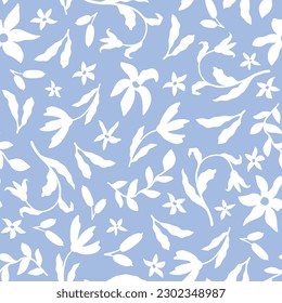 Cute small flowers seamless pattern. Vintage floral background.  Pretty flowers on blue background. Printing with white flowers. Ditsy print. Seamless vector texture. Spring bouquet. Elegant template.