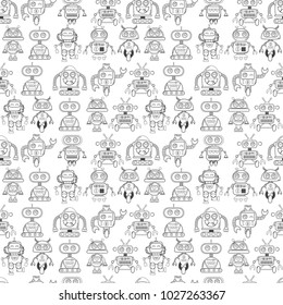 A cute, small, friendly blue with a red robot, with antennas and wires, kind vintage eyes and comic style inscriptions. Abstract seamless robot pattern for girls or boys. Creative robot vector pattern
