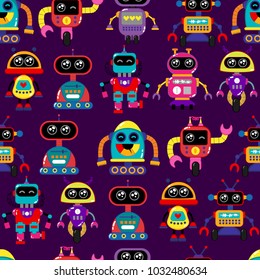 A cute, small, friendly blue with a red robot, with antennas and wires, kind vintage eyes and comic style inscriptions. Abstract seamless robot pattern for girls or boys. Creative robot vector pattern