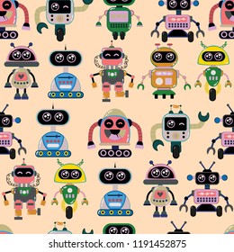 A cute, small, friendly blue with a red robot, with antennas and wires, kind vintage eyes and comic style inscriptions. Abstract seamless robot pattern for girls or boys. Creative robot vector pattern