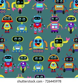 A cute, small, friendly blue with a red robot, with antennas and wires, kind vintage eyes and comic style inscriptions. Abstract seamless pattern for girls or boys. Creative sport vector print