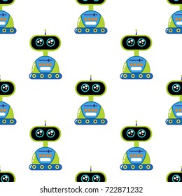 A cute, small, friendly green robot, with an antenna and wheels, good vintage eyes and comic-style inscriptions. Abstract seamless pattern for girls or boys. Creative vector background.