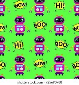 A cute, small, friendly orange robot, with antennas and buttons on the breastplate, claws, good vintage eyes and comic-letter labels. Abstract seamless pattern for girls or boys. Creative vector print