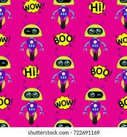Cute, small, friendly purple with an olive robot, with antennas on a monocle, good vintage eyes and comic-letter labels.Abstract seamless pattern for girls or boys. Creative vector print