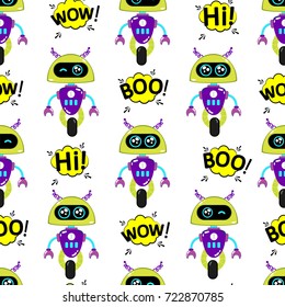 Cute, small, friendly purple with an olive robot, with antennas on a monocle, good vintage eyes and comic-letter labels.Abstract seamless pattern for girls or boys. Creative vector print