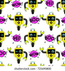 Cute, small, friendly purple with an olive robot, with antennas on a monocle, good vintage eyes and comic-letter labels.Abstract seamless pattern for girls or boys. Creative vector print