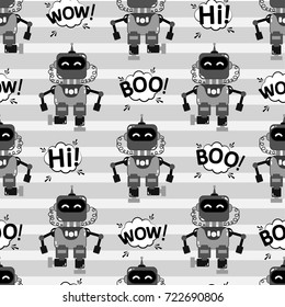A cute, small, friendly robot, with antennas, good vintage eyes and graffiti-style inscriptions. The print is made in monochrome colors. Abstract seamless pattern for girls or boys. Creative vector