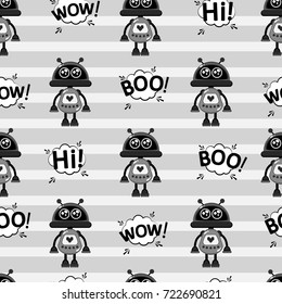 A cute, small, friendly robot, with antennas, good vintage eyes and graffiti-style inscriptions. The print is made in monochrome colors. Abstract seamless pattern for girls or boys. Creative vector