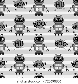 A cute, small, friendly robot, with antennas, good vintage eyes and graffiti-style inscriptions. The print is made in monochrome colors. Abstract seamless pattern for girls or boys. Creative vector