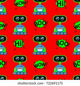 A cute, small, friendly yellow robot, with antennas and a heart on a breast monitor, good vintage eyes and comic-style inscriptions.Abstract seamless pattern for girls or boys. Creative vector print