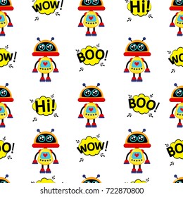A cute, small, friendly yellow robot, with antennas and a heart on a breast monitor, good vintage eyes and comic-style inscriptions.Abstract seamless pattern for girls or boys. Creative vector print