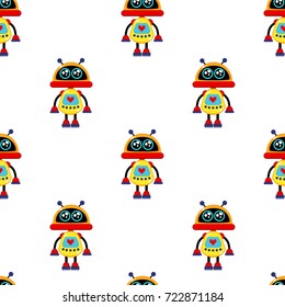 A cute, small, friendly yellow robot, with antennas and a heart on a breast monitor, good vintage eyes and comic-style inscriptions.Abstract seamless pattern for girls or boys. Creative vector print