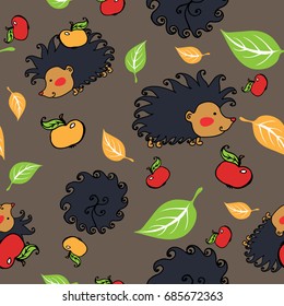 Cute small fuzzy hedgehogs with apple and leaves