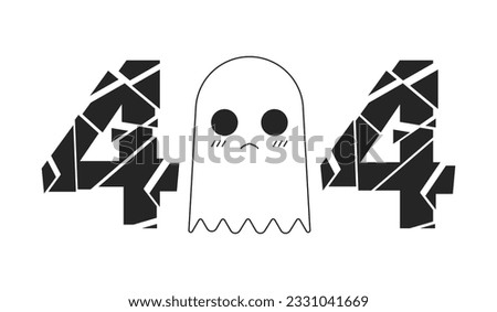 Cute small ghost black white error 404 flash message. Crystal shattering 404. Monochrome empty state ui design. Page not found popup cartoon image. Vector flat outline illustration concept