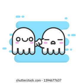 Cute small ghost pinching other ghost cheek with smiling face and surrender